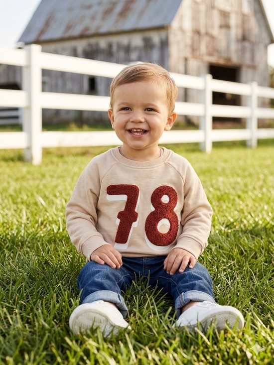 H&M Baby Other - H&M Kids 100% Cotton Varsity Sweatshirt Beige Red Chenille Patch 78 2T 3T EUC